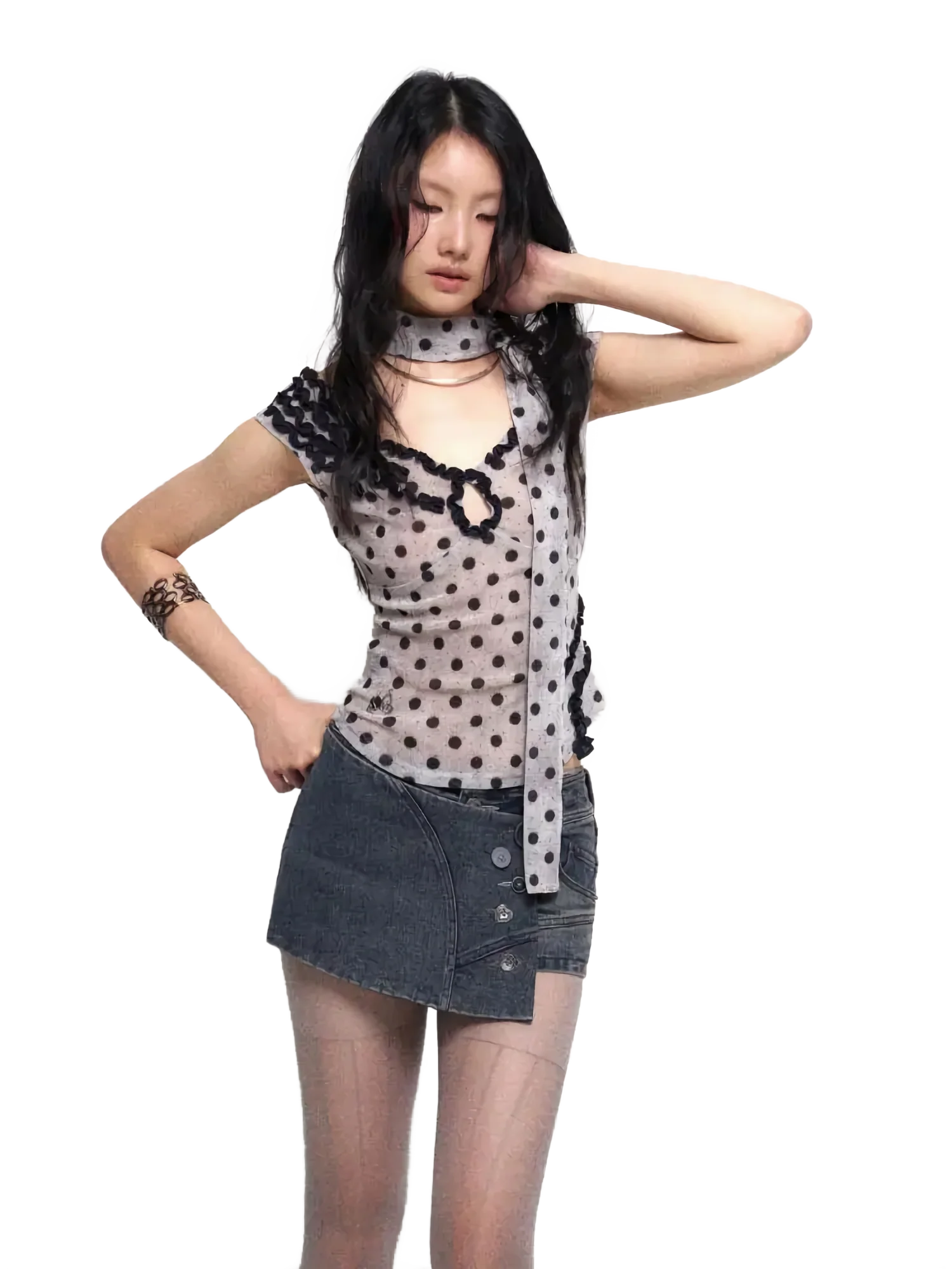 Polka-Dot Sheer Mesh Top with Scarf - Image 4
