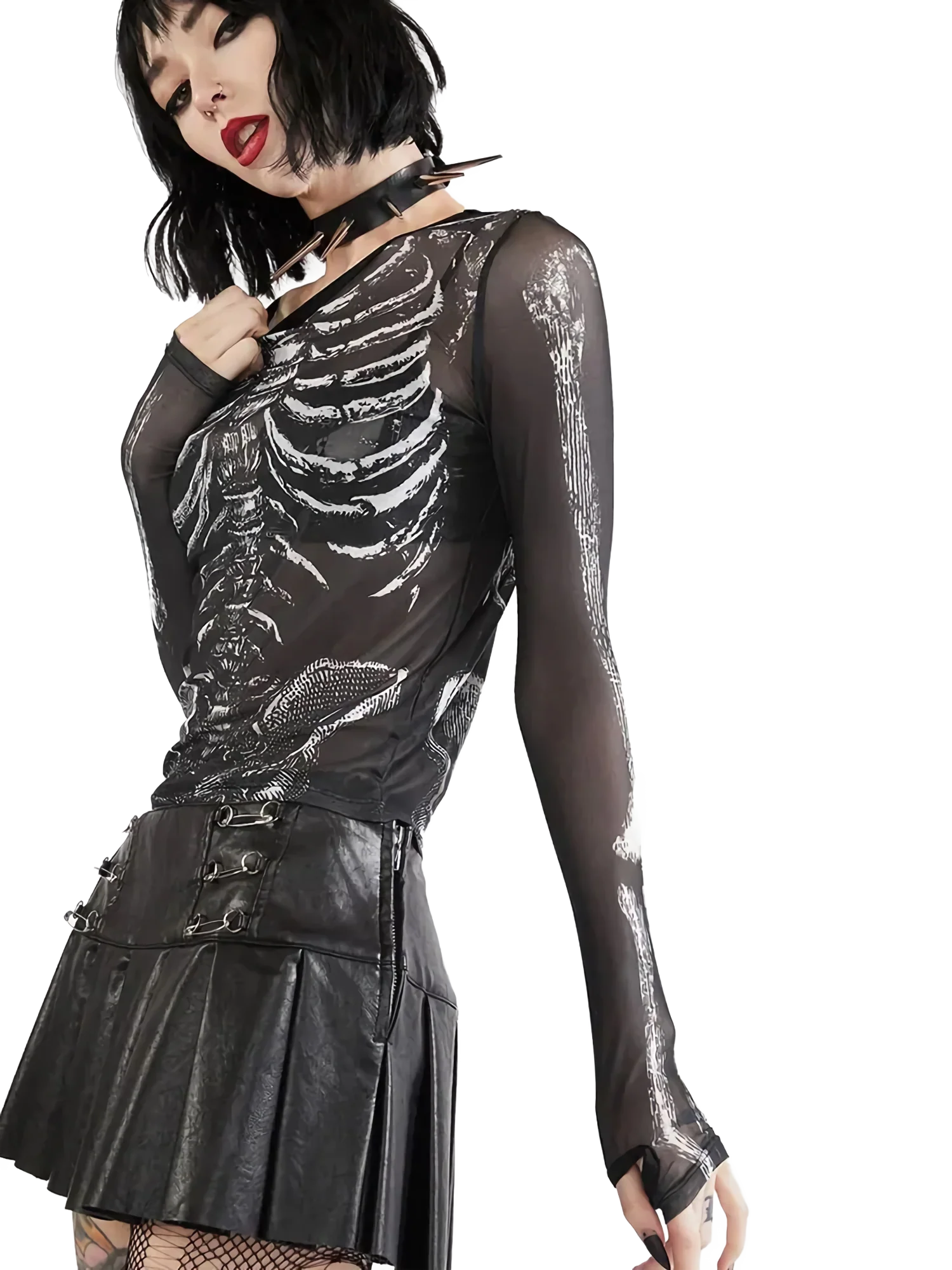 Skeletal Sheer Mesh Long Sleeve Tee